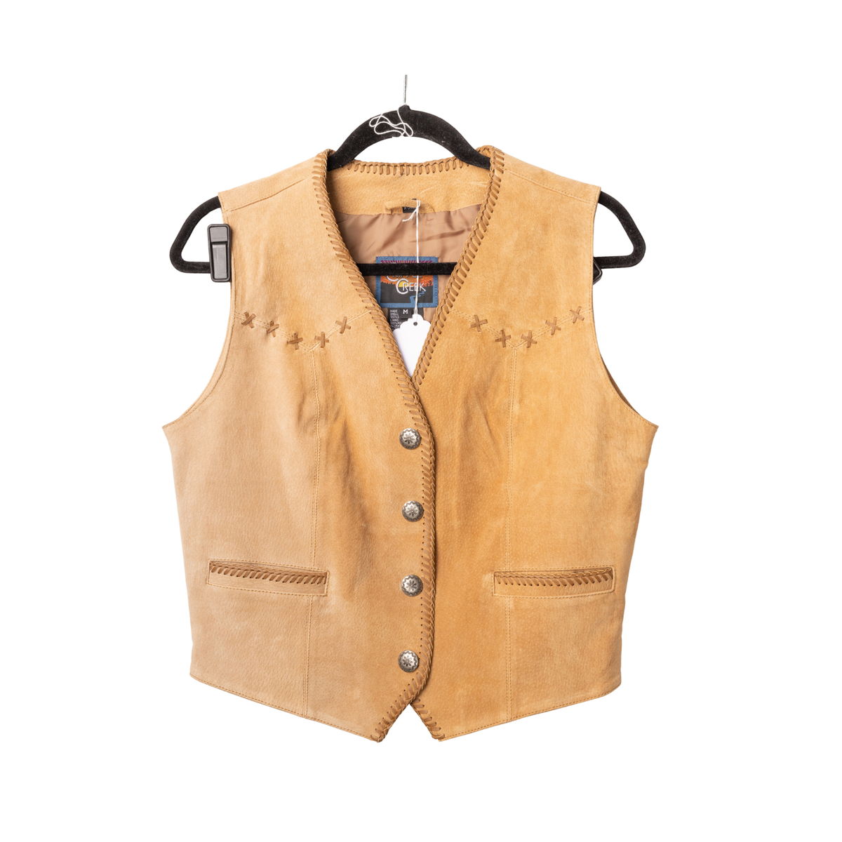 Vintage Cripple Creek Tan Suede Western Vest, front view