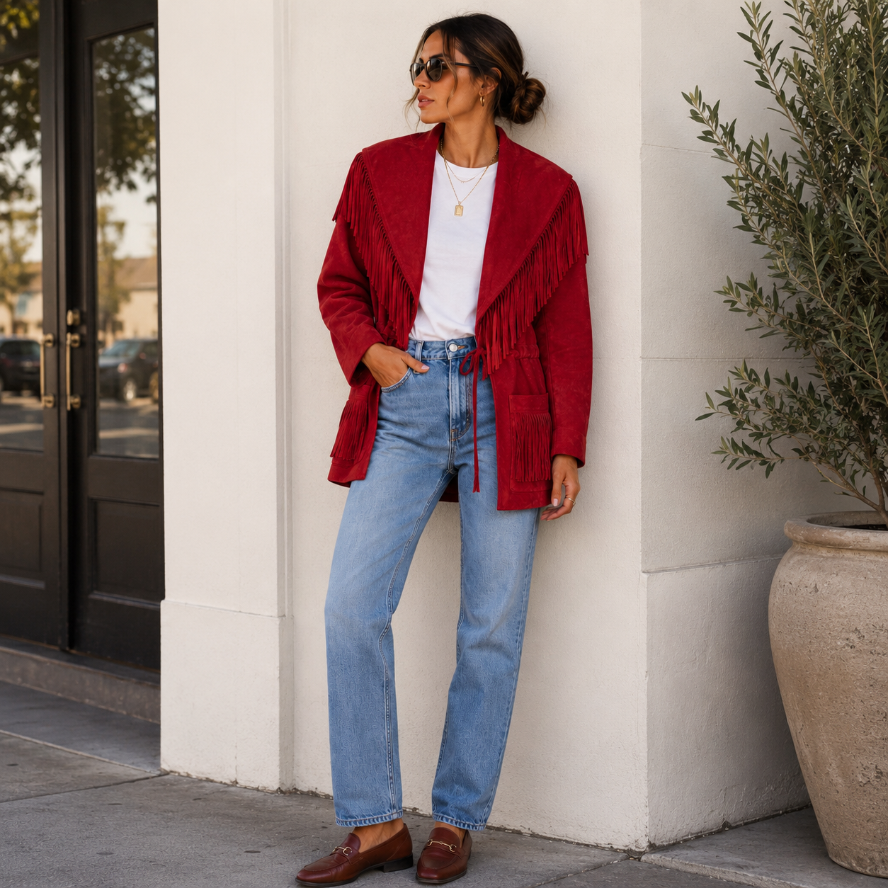Vintage Red Suede Drawstring Fringe Jacket