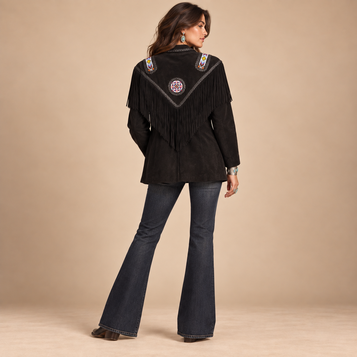 Vintage Frontier Black Beaded Suede Fringe Jacket