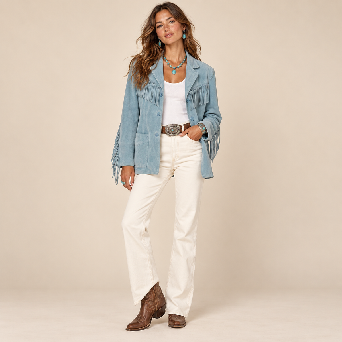 Vintage Light Blue Suede Fringe Jacket, additional view