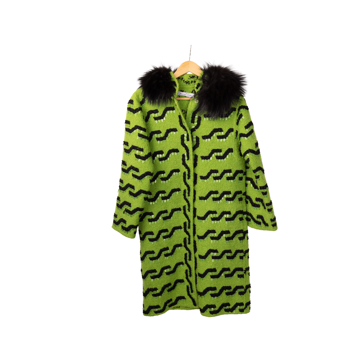 Vintage Oscar de la Renta Chartreuse Bouclé Coat with Black Fur Collar