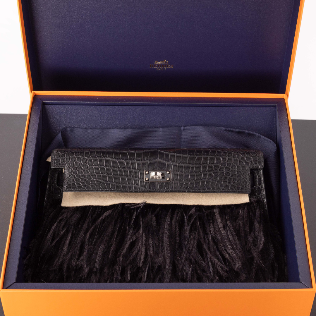 Hermés Black Matte Porosus Crocodile and Ostrich Feather Folie Kelly Elan Clutch