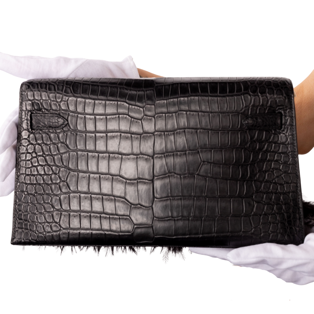 Hermés Black Matte Porosus Crocodile and Ostrich Feather Folie Kelly Elan Clutch