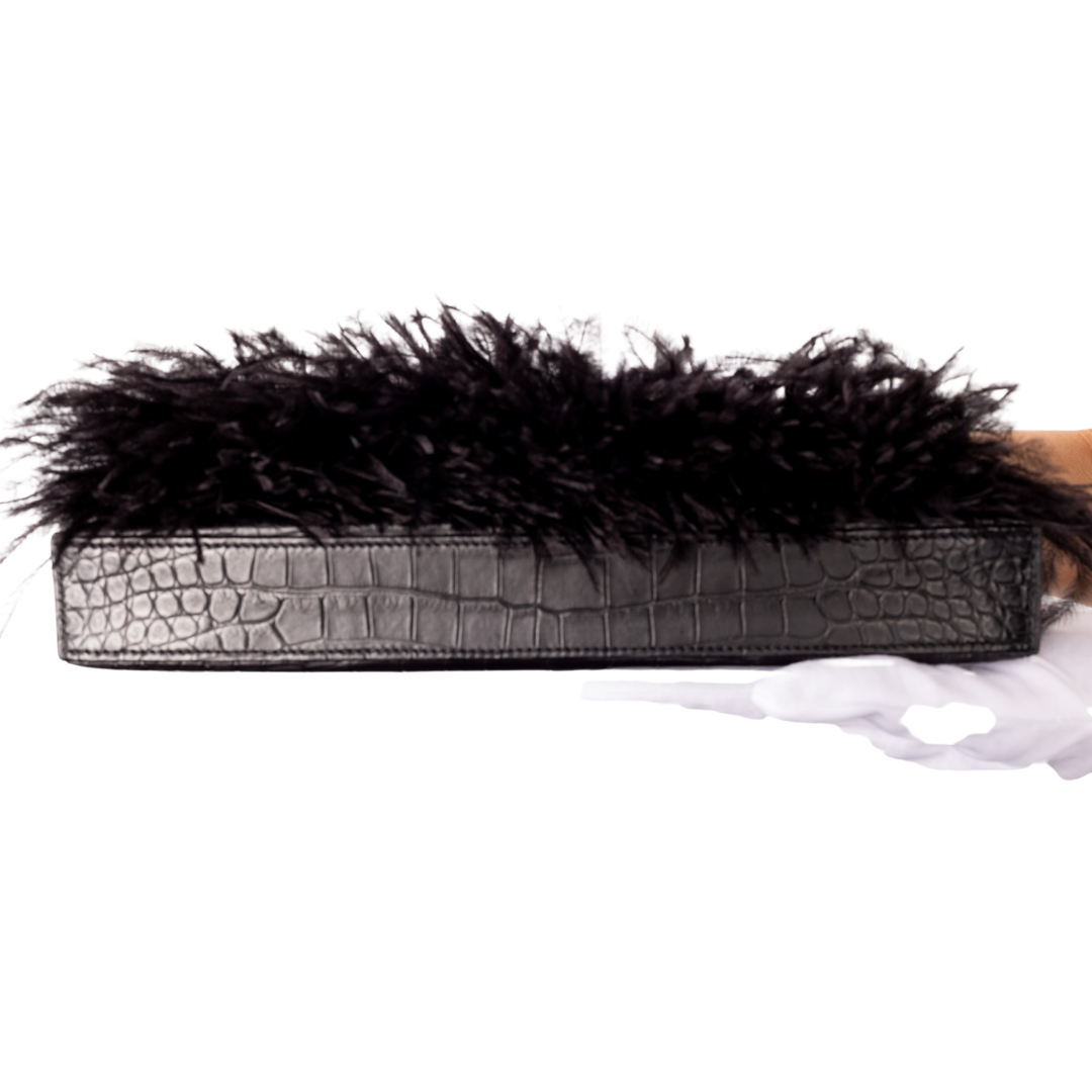 Hermés Black Matte Porosus Crocodile and Ostrich Feather Folie Kelly Elan Clutch