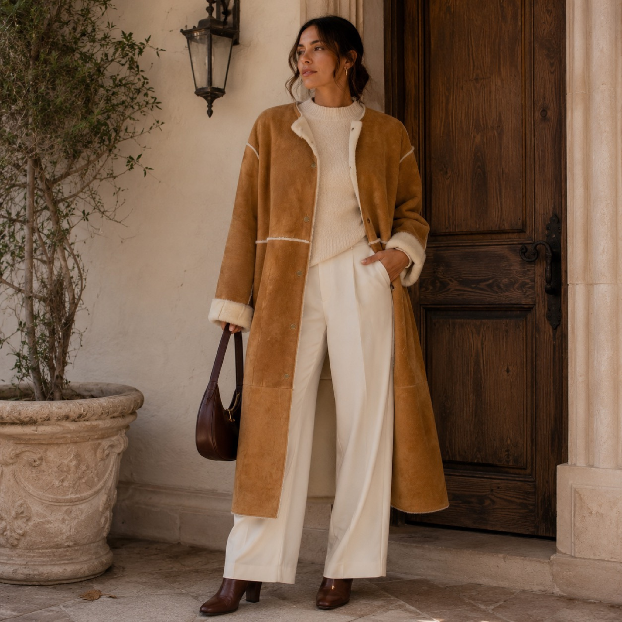 Vintage Camel Shearling Suede Long Coat