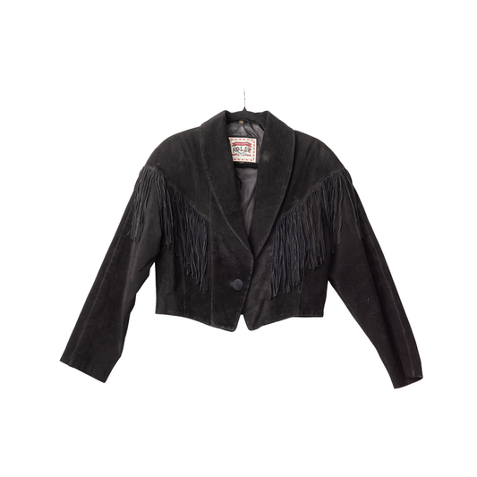 Vintage Adler Cropped Black Suede Fringe Jacket, front view