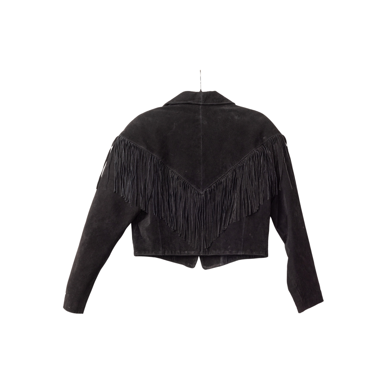 Vintage Adler Cropped Black Suede Fringe Jacket, back view