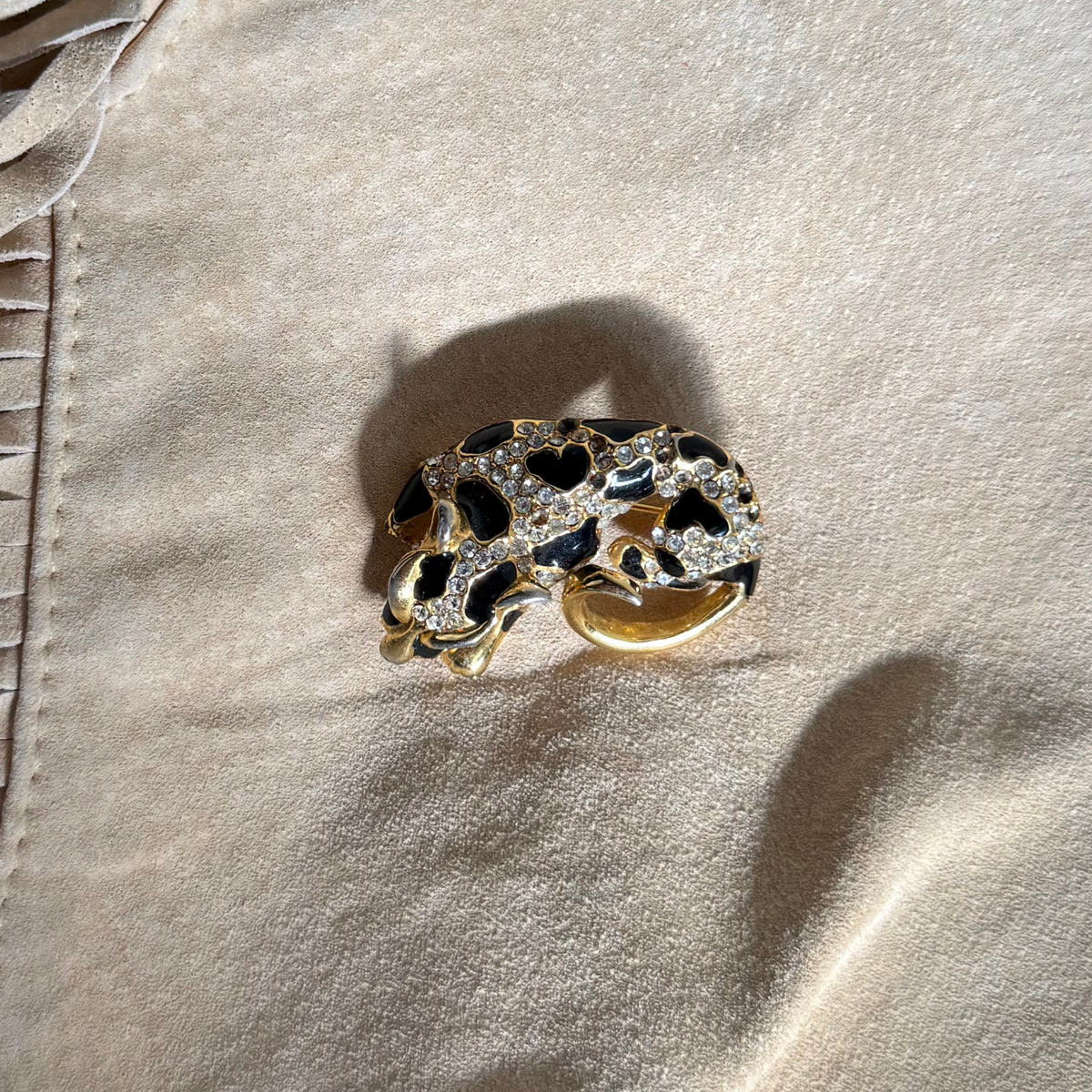 Vintage Gold-Tone Leopard Brooch with Black Enamel & Rhinestones