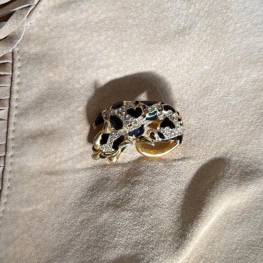 Vintage Gold-Tone Leopard Brooch with Black Enamel & Rhinestones
