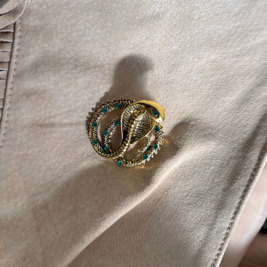 Vintage Gold-Tone Cobra Brooch with Teal Rhinestones