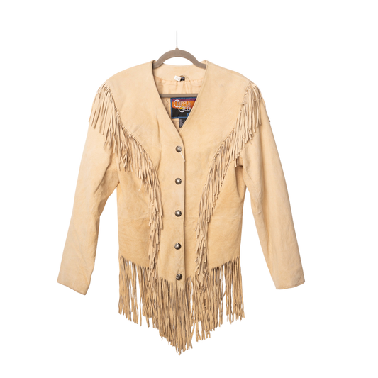 Vintage Cripple Creek Blonde Suede Fringe Jacket, front view