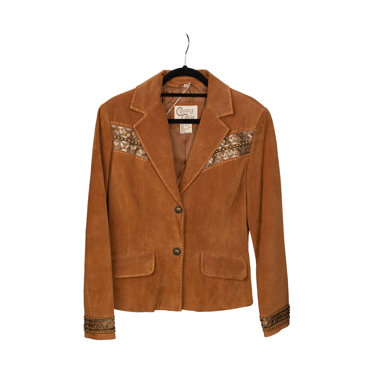 Vintage Cripple Creek Embellished Tan Suede Jacket, front view