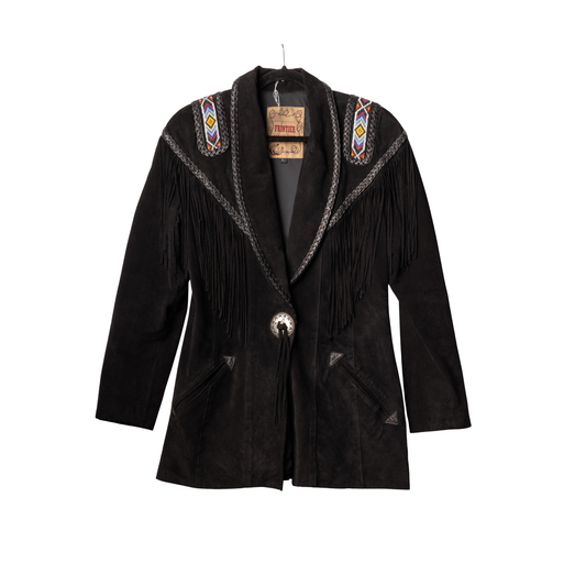 Vintage Frontier Black Beaded Suede Fringe Jacket, front view