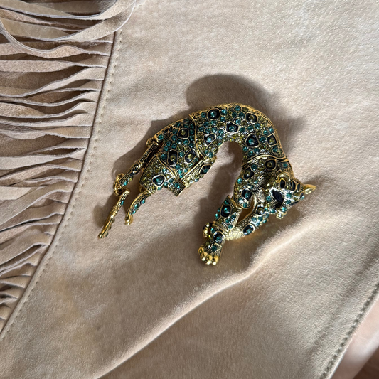 Vintage Pouncing Jaguar Brooch with Teal Rhinestones