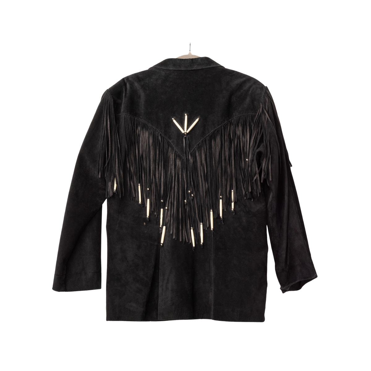 Vintage Lariat Black Suede Fringe Jacket with Bone Bead Detailing