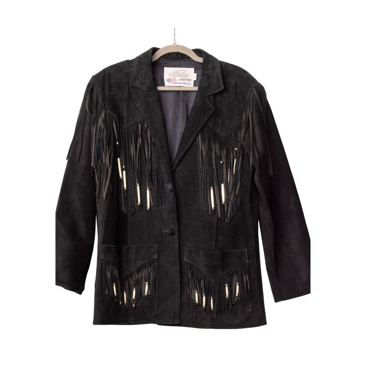 Vintage Lariat Black Suede Fringe Jacket with Bone Bead Detailing