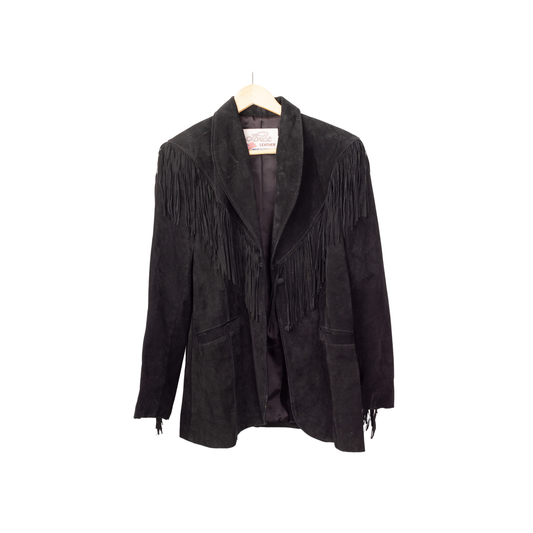 Vintage Black Suede Shawl Collar Fringe Jacket with Concho | Size Medium