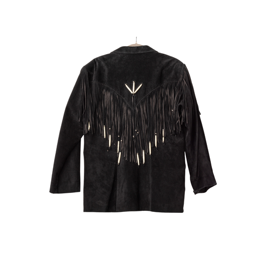 Vintage Lariat Black Suede Fringe Jacket with Bone Bead Detailing | Size Medium/Large