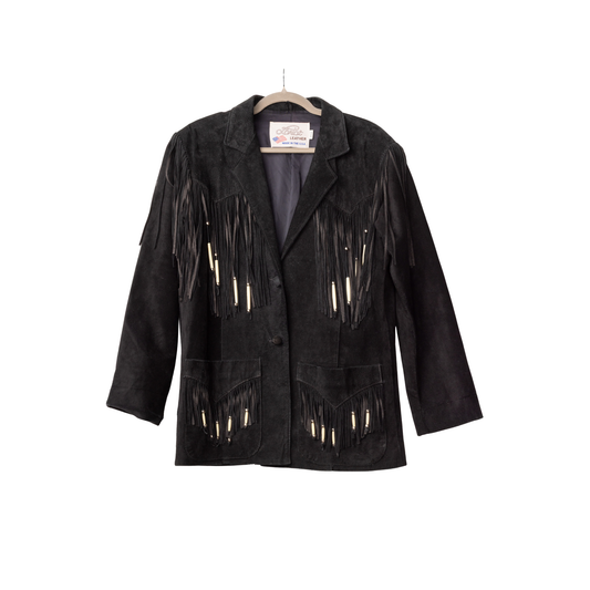Vintage Lariat Black Suede Fringe Jacket with Bone Bead Detailing | Size Medium/Large