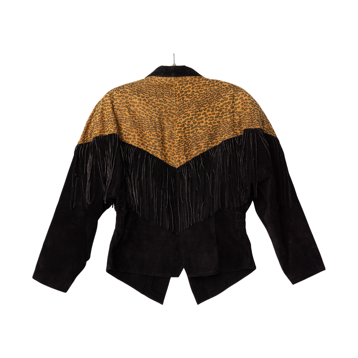 Vintage 90s Leopard Print & Black Suede Cropped Fringe Jacket | Size Medium