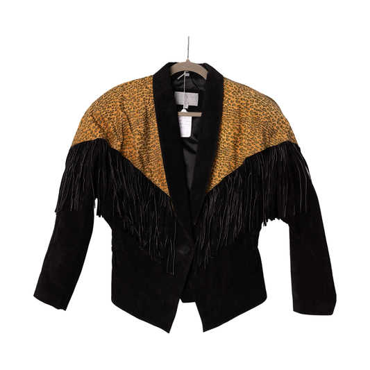 Vintage 90s Leopard Print & Black Suede Cropped Fringe Jacket | Size Medium