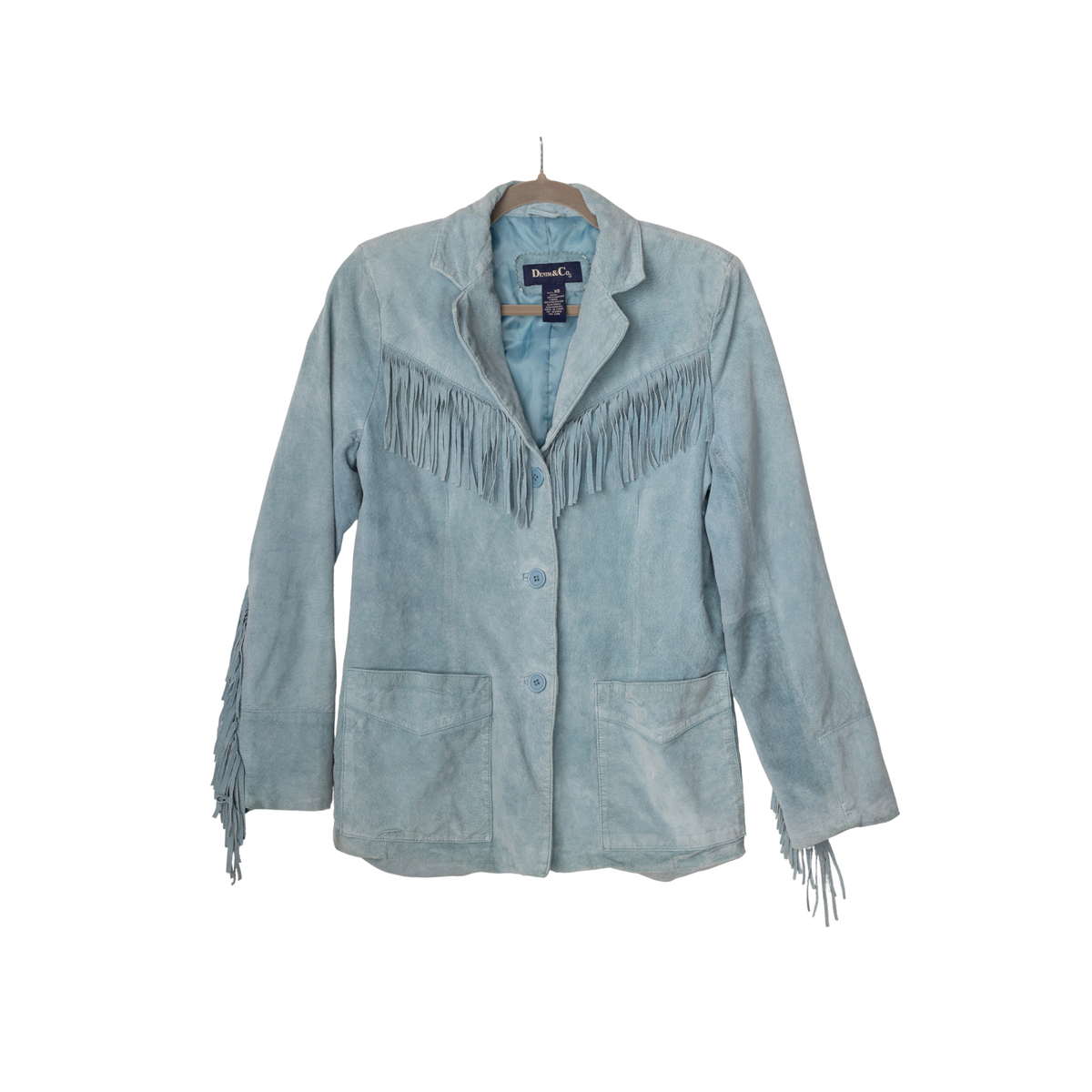 Vintage Light Blue Suede Fringe Jacket, front view