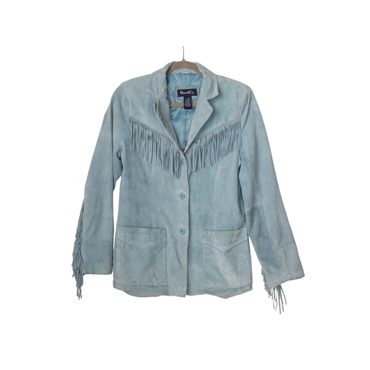Vintage Light Blue Suede Fringe Jacket, front view