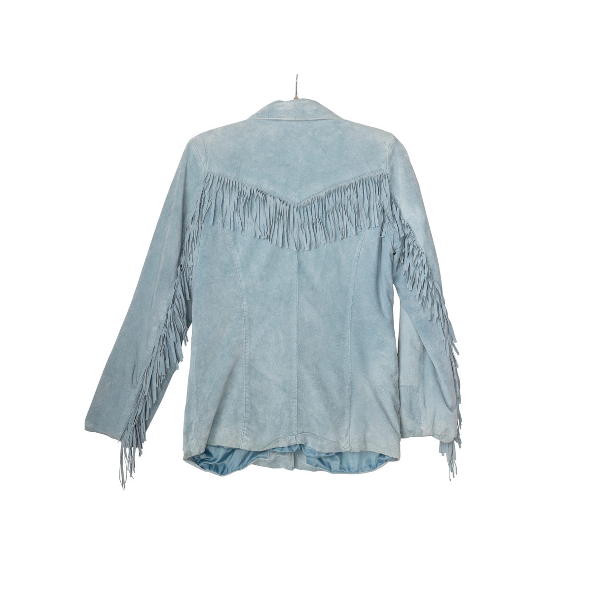 Vintage Light Blue Suede Fringe Jacket, back view