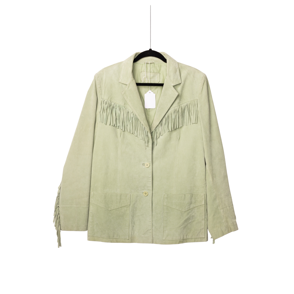 Vintage Sage Green Suede Fringe Jacket, front view