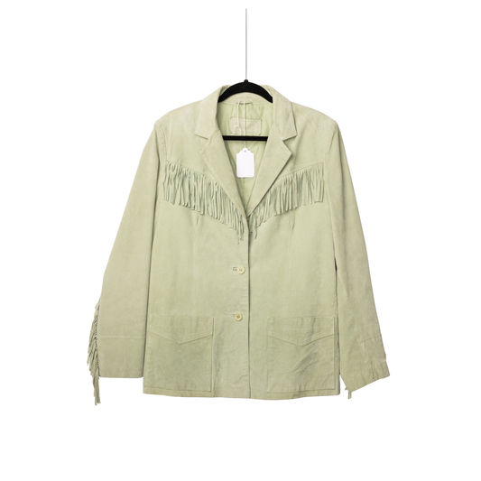 Vintage Sage Green Suede Fringe Jacket, front view