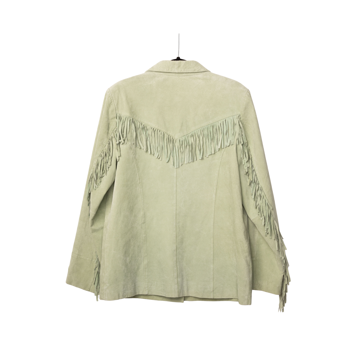 Vintage Sage Green Suede Fringe Jacket, back view