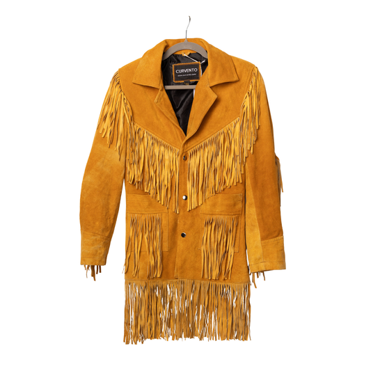 Vintage Curvento Mustard Suede Fringe Jacket, front view