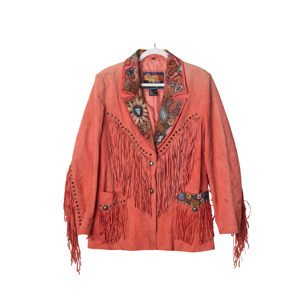 Custom Reworked Cripple Creek Suede Fringe Jacket, front view