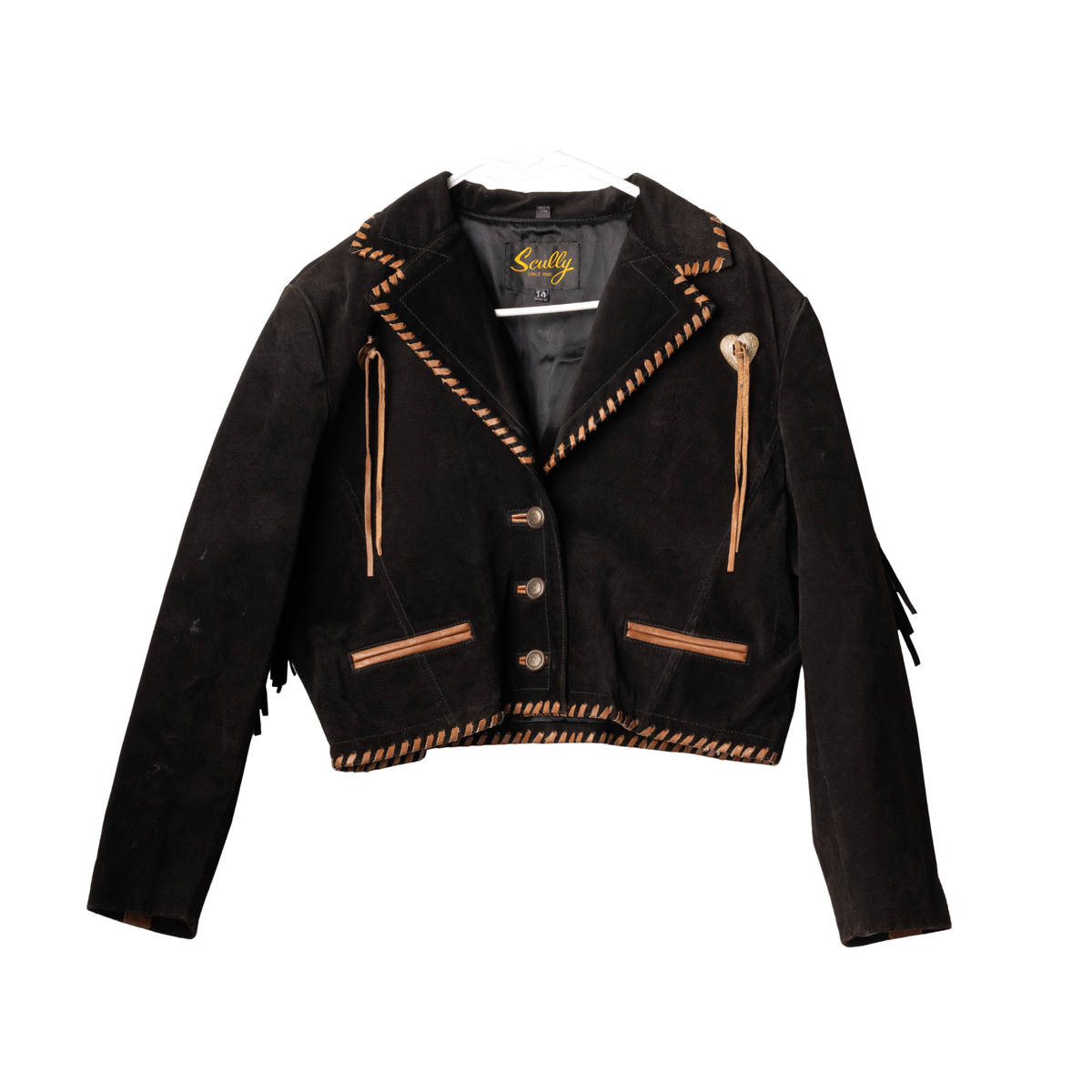 Vintage Scully Cropped Black Suede Fringe Jacket, front view