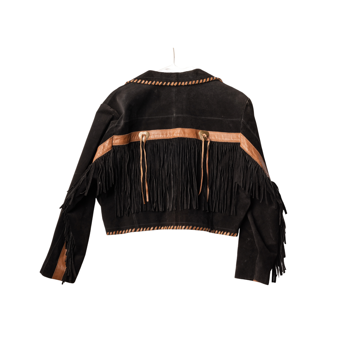Vintage Scully Cropped Black Suede Fringe Jacket, back view
