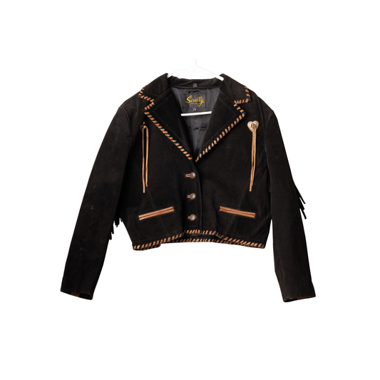 Vintage Scully Cropped Black Suede Fringe Jacket with Camel Leather Detailing | Size Medium