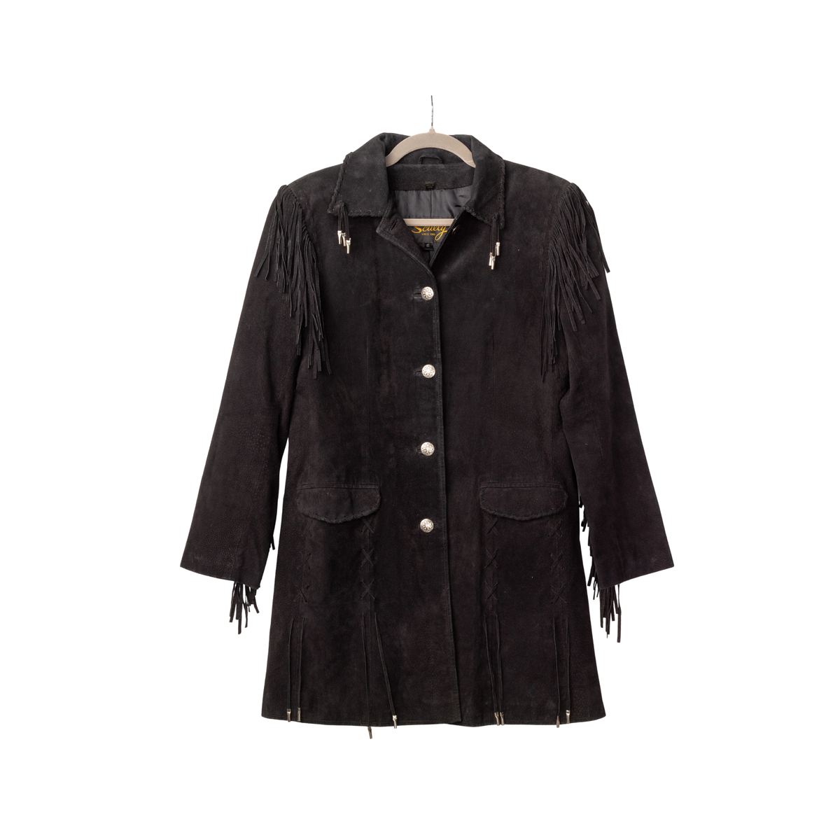 Vintage Scully Long Black Suede Fringe Jacket, back view
