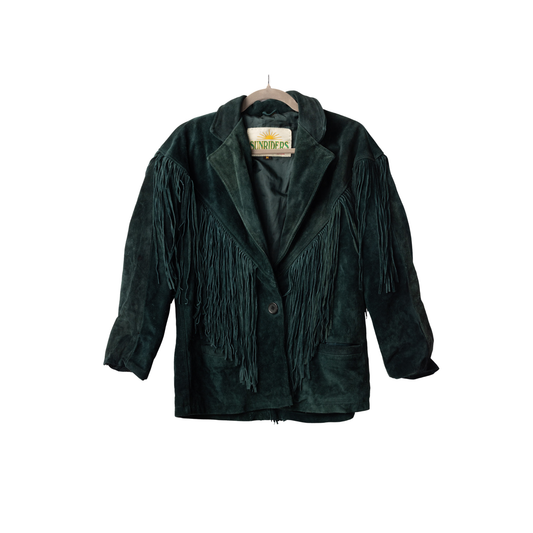 Vintage Sunriders Hunter Green Suede Fringe Jacket, front view