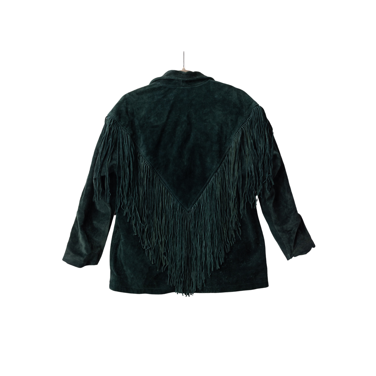 Vintage Sunriders Hunter Green Suede Fringe Jacket, back view