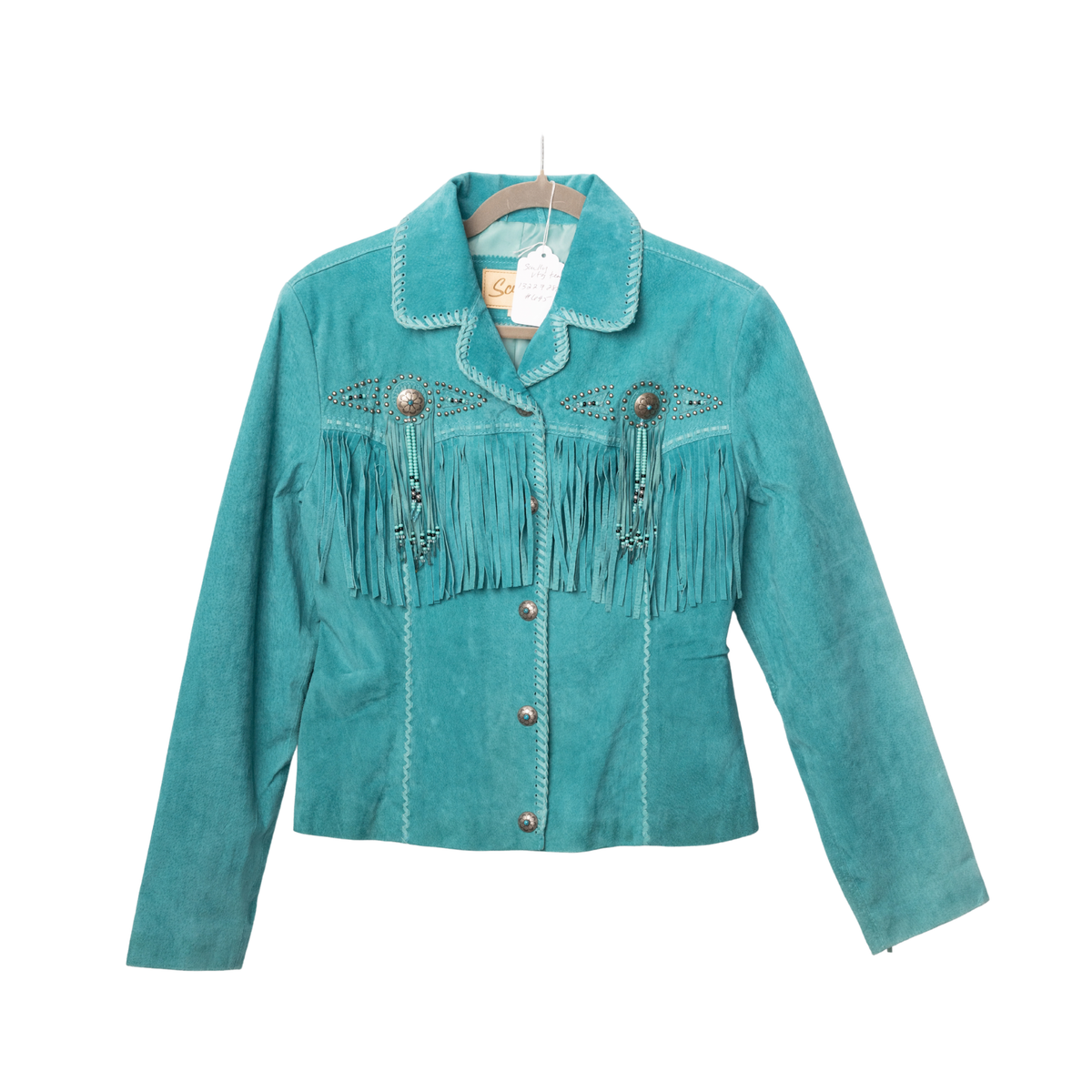 Vintage Scully Teal Suede Fringe Jacket, front view