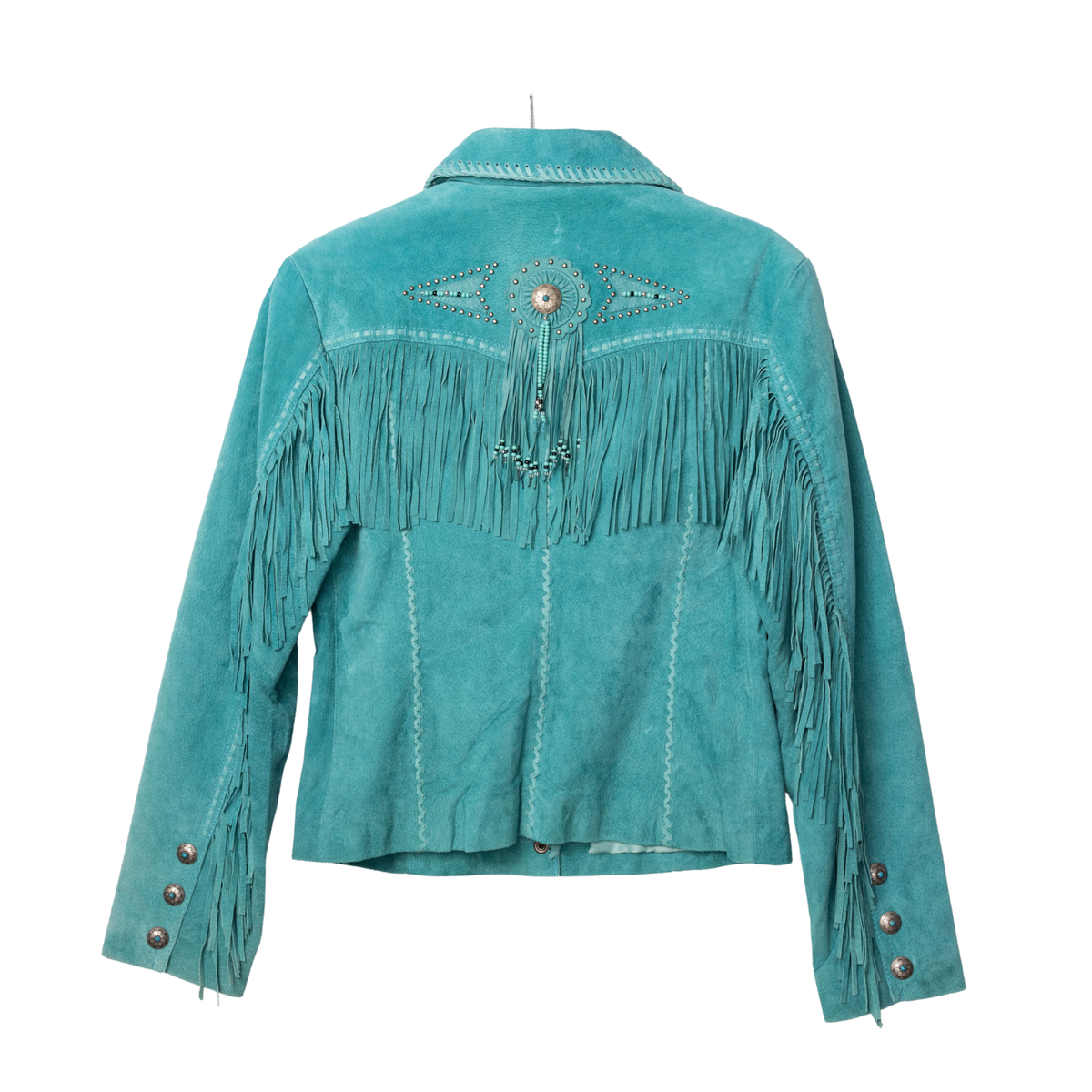 Vintage Scully Teal Suede Fringe Jacket, back view