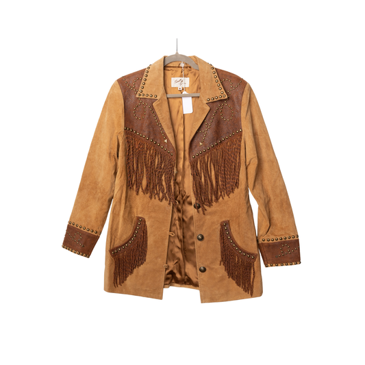 Vintage Scully Tan & Brown Studded Fringe Jacket, front view