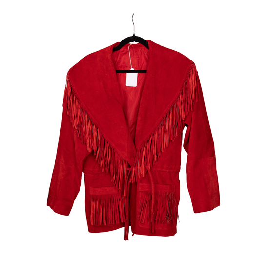 Vintage Red Suede Drawstring Fringe Jacket