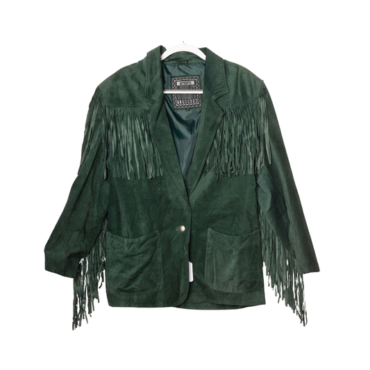 Vintage Winlit Forest Green Suede Fringe Jacket, front view