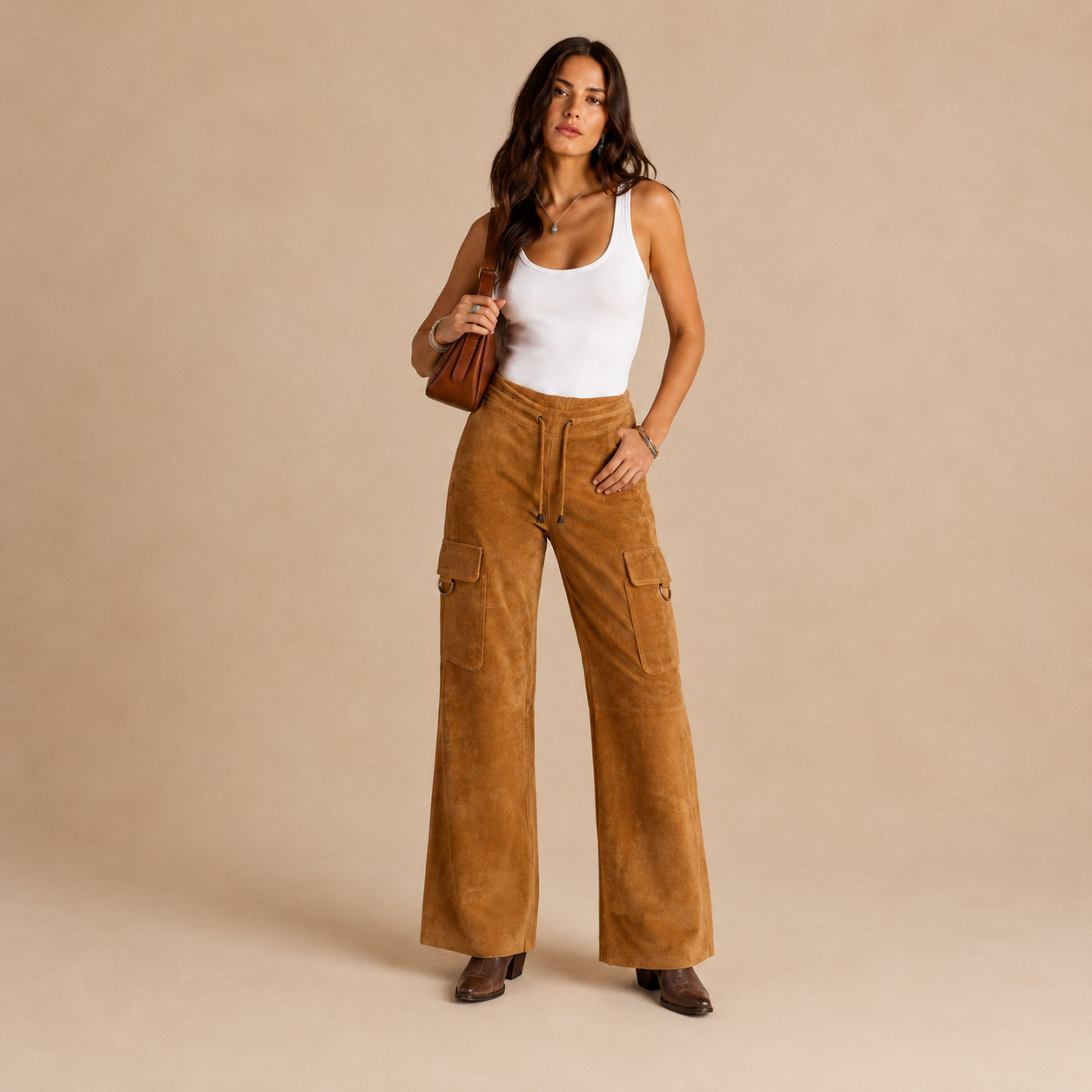 Camel Suede Leather Cargo Pants