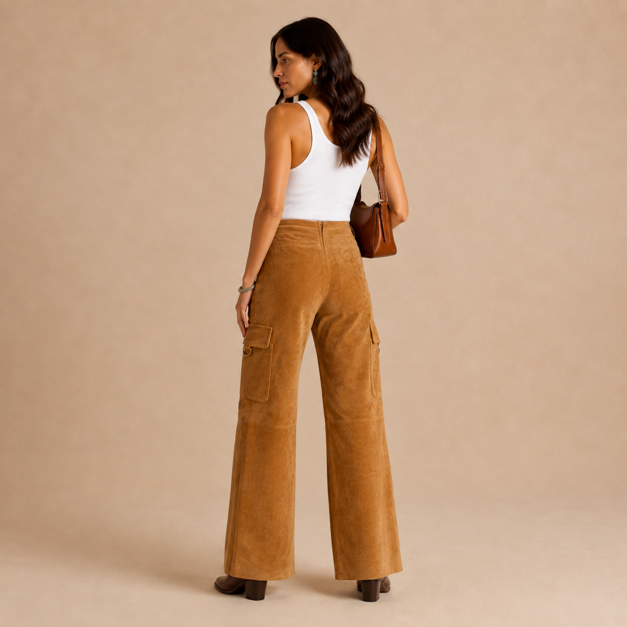 Camel Suede Leather Cargo Pants